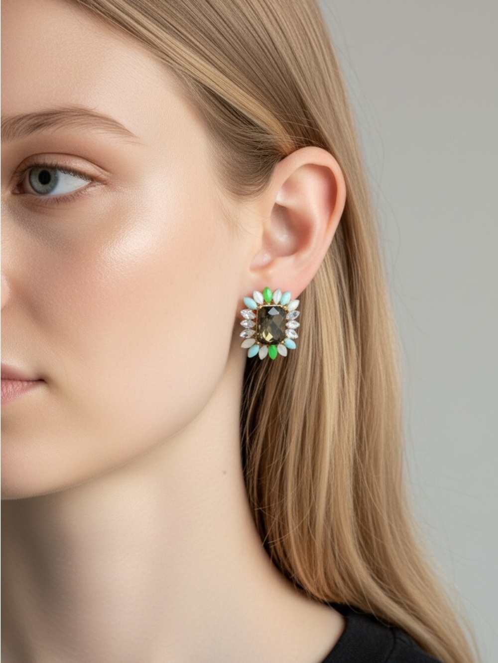 10/10 Statement Green and White Crystal Clip-On Earrings -
